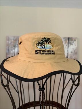 Butter Yellow 100% Cotton Booney Hat St. Maarten Logo Brown Trim Chin Cord